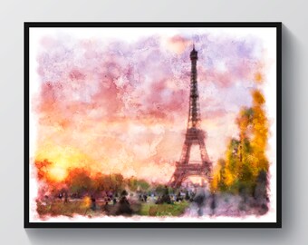 Sunset in Paris Art French Watercolor Landscape Painting Eiffel Tower Print Champs Elysees Wall Decor Travel Poster Home Decor