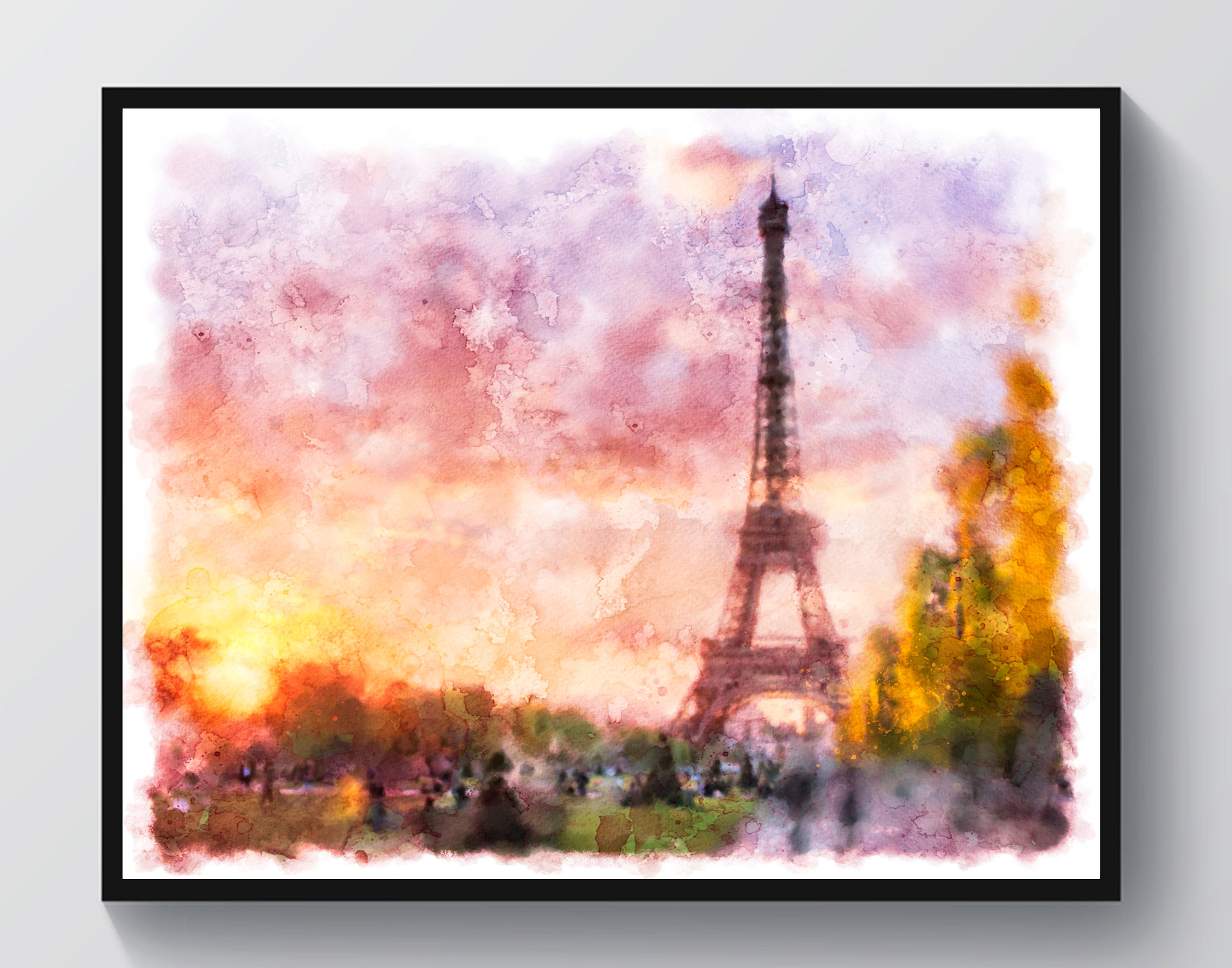 パリの夕日のアート フランス水彩風景画 エッフェル塔プリント