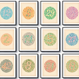 Set 12 Vintage Ishihara Testkarten Farbenblindheitstest Medizinische Kunst Augenheilkunde Kunst Augenoptiker Geschenk Augenoptiker Dekor Optiker Geschenk