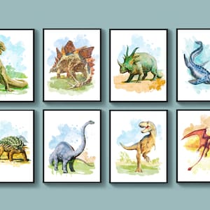 Age of Dinosaurs Art Set 8 Mesozoic Era Animals Art Jurassic Animal Decor Watercolor T-Rex Stegosaurus Brontosaurus Allosaurus Kids Room Art