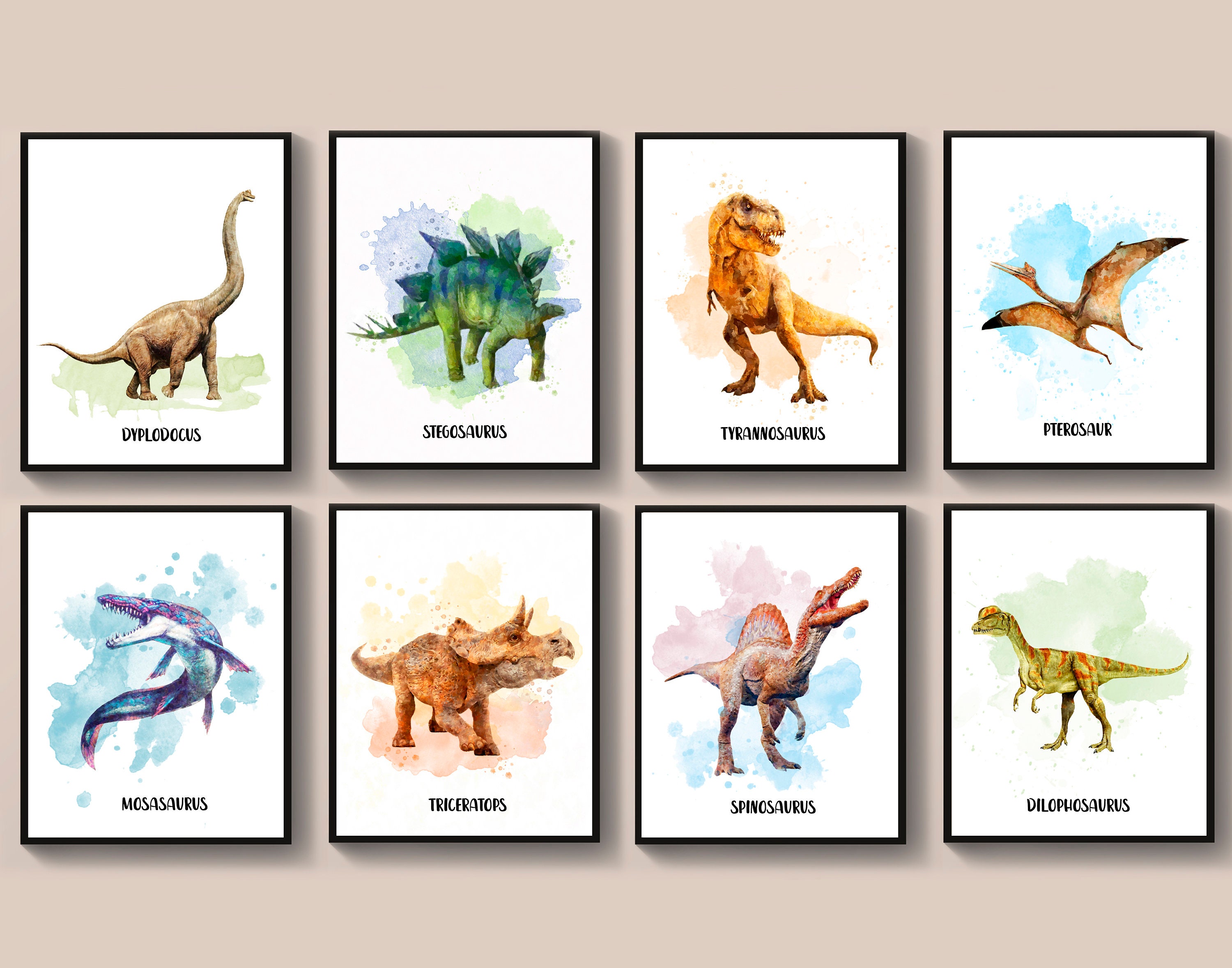 Dinosaur Wall Decor Watercolor Dinosaur Nursery Art Kids Room Etsy
