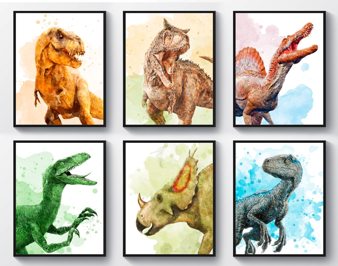 恐竜アート6枚セット ジュラ紀の恐竜の絵画 水彩画 ティラノサウルス