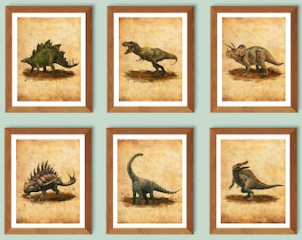 6 Dinosaurs Vintage Posters Jurassic T-Rex Stegosaurus Triceratops Art Dinosaur Wall Art Kids Room Decor Gift for Boys