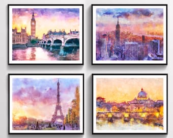 Cityscapes Watercolor Art, London, Paris, New York City, Rome, Skyline Painting, Home Decoration, Housewarming Gift, Travel Print, Canvas