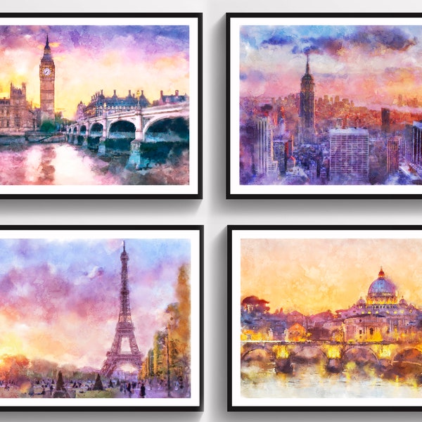 Cityscapes Watercolor Art, London, Paris, New York City, Rome, Skyline Painting, Home Decoration, Housewarming Gift, Travel Print, Canvas