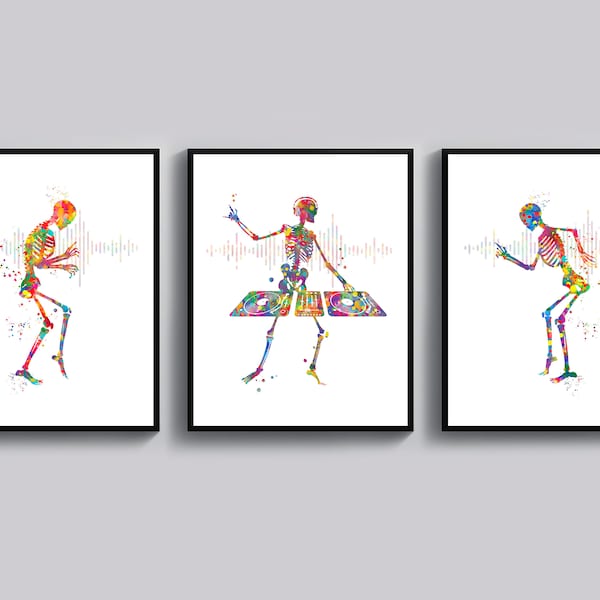 3 DJ Gift Dancing Skeletons Art Music Art Sound Art Dancer Gift Human Moving Skeleton Artwork Medical Art Chiropractor Gift Halloween Decor