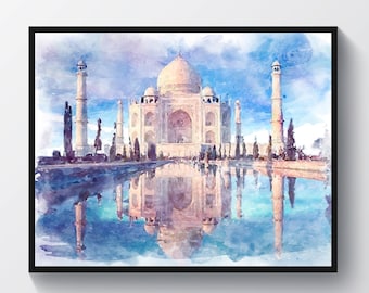 Taj Mahal Complex, Indian Mausoleum Art, Watercolor Monument, Travel Decor, Office Art