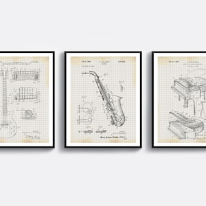 3 Musical Instruments Patent Art Playing Music Blueprint Guitar Scheme Patent Piano Art Saxophone Art Musician Gift Instrumentalist Gift