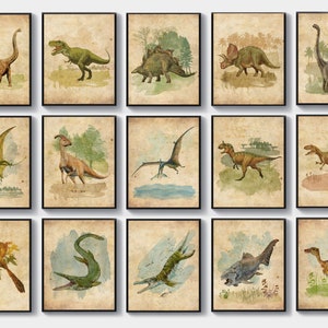 Dinosaur Vintage Poster Set of 15 Giant Reptile Jurassic Animals Dinosaur Types T-Rex Triceratops Stegosaurus Brontosaurus Pterosaurus Decor