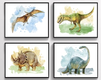 4 Watercolor Dinosaur Art Styracosaurus Art Brontosaurus Art Pterosaur Art Tyrannosaurus Art Kids Room Decor Playroom Art Nursery Art