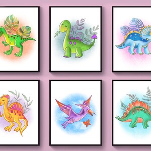 6 Cute Dinosaur Nursery Art Watercolor T-Rex Stegosaurus Brontosaurus Triceratops Pterosaur Spinosaurus Decor Dinosaur Birthday Party