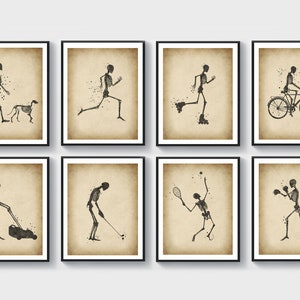 May include: Set of eight black and white illustrations of a skeleton doing various activities, including walking a dog, running, rollerblading, riding a bicycle, mowing the lawn, playing golf, playing tennis, and boxing.