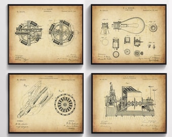 4 Thomas Edison Inventions Art Patent Vintage Electricity Generation Patent Electrician Gift Engineer Gift Mechanic Gift Antique Blueprint