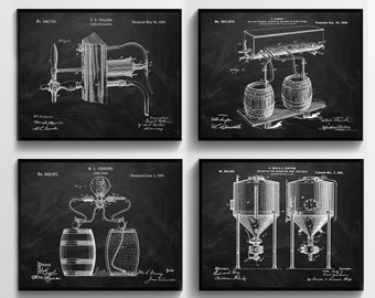 4 Beer Manufacture Patent Prints Brewery Blueprint Alcohol Making Technology Poster Bar Wall Decor Shop Wall Decor Kitchen Wall Art