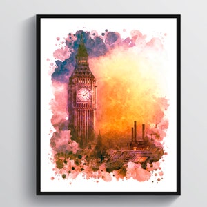 London Big Ben Clock Tower Watercolor Art London Cityscape Drawing Home Wall Art Office Decor Housewarming Gift