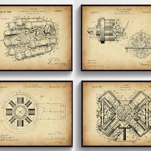 4 Motorartenpatentkunst, Mechanikergeschenk, Motorplan, Brennkraftmaschine, Elektromotor, Flugzeugturbine, Wankelmotor