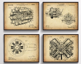 4 Engine types patent art, Mechanic gift, Engine blueprint, Internal combustion engine, Electro motor, Airplane turbine, Rotary engine