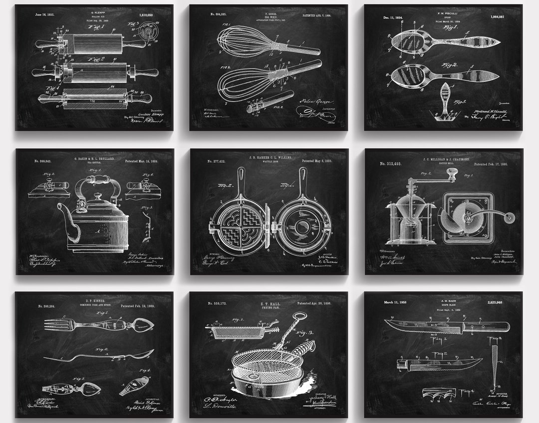 9 Kitchen Wall Art Cooking Art Kitchen Patent Vintage Blueprint Chef Gift Restaurant Wall Decor