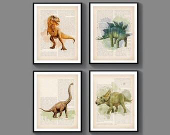 Watercolor Dinosaur Dictionary Art, Jurassic Dinosaur Print, Vintage Poster, Stegosaurus Art, Tyrannosaurus Print, Kids Room Decor, Nursery