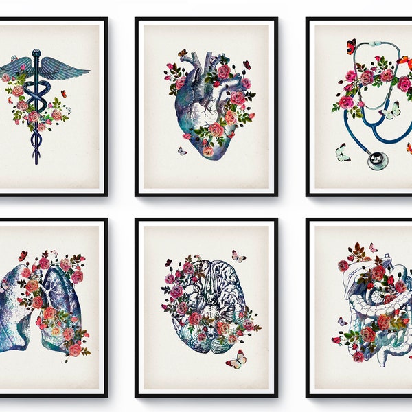 6 Medical Art Vintage Anatomy Decor Anatomical Heart Lungs Brain Poster Caduceus Art Stethoscope Art Doctor Graduation RN Nurse Gift