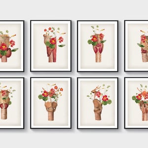 Può includere: Set di otto illustrazioni anatomiche vintage della gola umana con composizioni floreali. Ogni illustrazione presenta una vista diversa della gola con un bouquet di fiori rossi.