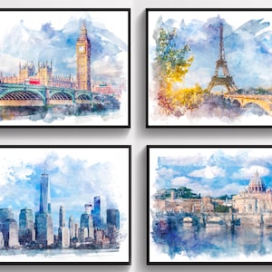 Cities Wall Art London City Landscape Art Paris Watercolor New York City Rome Artwork Skyline Painting Home Decoration Housewarming Gift