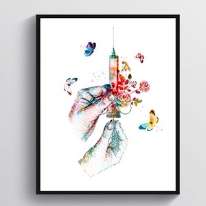 Arte com seringa em aquarela, presente para enfermeira, presente de formatura para médico, design médico, decoração para sala de tratamento, arte para consultório médico