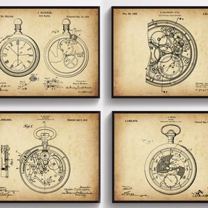 4 Vintage Clock Patent Watch Patent Metronome Patent Stop Watch Patent Pocket Watch Patent Antique Blueprint Mechanic Gift Home Decor