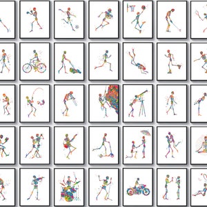 Könnte beinhalten: Eine Sammlung von dreißig gerahmten Kunstdrucken mit Skeletten im Aquarellstil, die verschiedenen Aktivitäten wie Sport, Hobbys und romantischen Gesten nachgehen. Jedes Skelett ist mit lebendigen, mehrfarbigen Farbspritzern dargestellt.