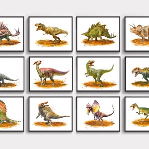 12 Dinosaurs Watercolor Art Jurassic World Art T-Rex Stegosaurus Triceratops Brontosaurus Spinosaurus Ankylosaurus Decor Dinosaur Nursery