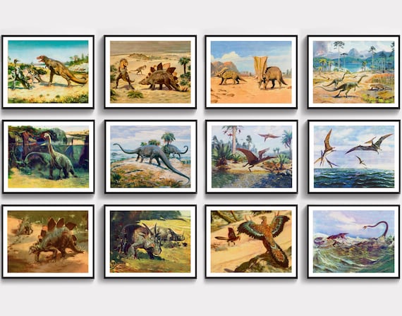 Set 12 Dinosaur Poster Vintage Illustrations Dinosaur Education Art Dinosaurs Types Printable Jurassic Period Reptiles Wall Decor