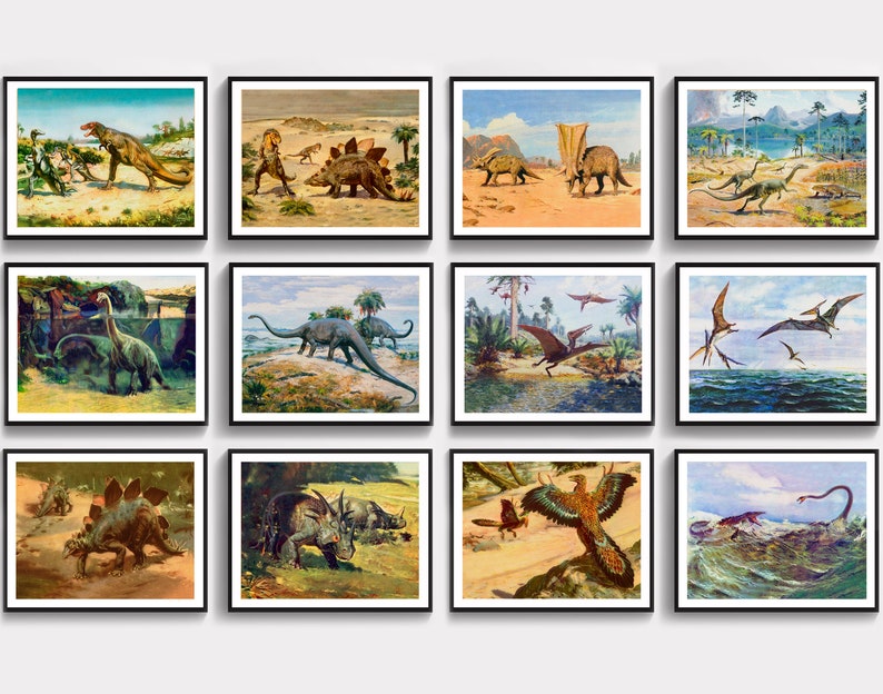 May include: A collection of twelve framed vintage dinosaur art prints. Each print features a different dinosaur species in a colorful, illustrated landscape. The artwork showcases various dinosaurs, including Tyrannosaurus Rex, Stegosaurus, and Brachiosaurus.