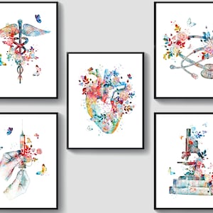 5 Cadeau d'art pour infirmière, art infirmier, cadeau de kinésithérapeute, art médical, peinture de caducée et de fleurs, art floral de stéthoscope, dessin de seringue