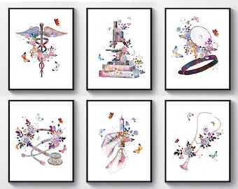 May include: Six watercolor illustrations of medical tools with floral accents. The illustrations include a caduceus, a microscope, a stethoscope, a syringe, a stethoscope, and a medical headband.