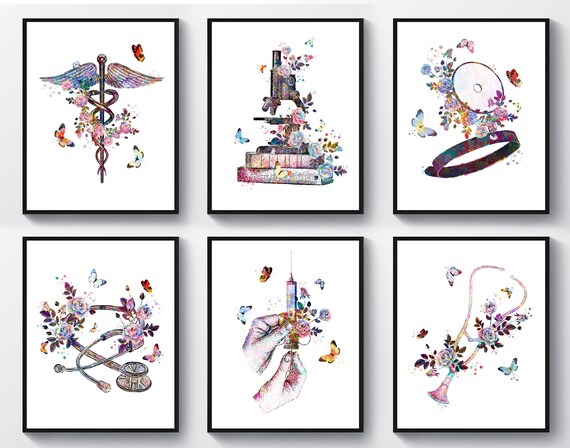 6 Medical Gift Caduceus Art Stethoscope Art Syringe Art Microscope