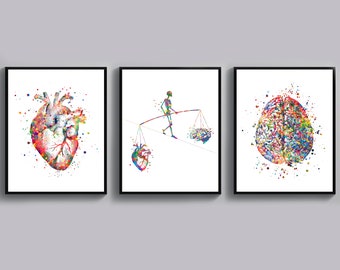 Heart and Brain Anatomy Art Balance Your Life Surreal Drawing Balance of Mind and Heart Poster Medical Art Psychologist Office Decor