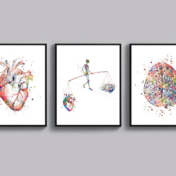 Anatomie du cœur et du cerveau Art Équilibrer votre vie Surréaliste Dessin Équilibre de l’esprit et du cœur Affiche Art médical Psychologue Décor de bureau