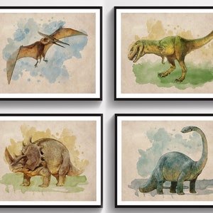 Watercolor Dinosaurs Vintage Poster Set Jurassic Dinosaur Painting Archaeology Art T-REX Art Kids Room Decor Gift for Boys Biology Art