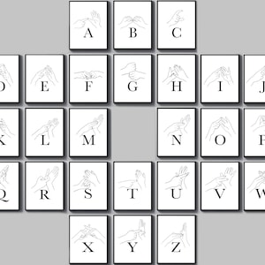 May include: Black and white line drawings of the British Sign Language alphabet. Each letter is depicted by a hand gesture.