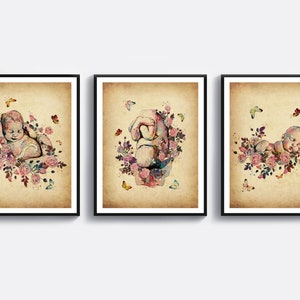3 Desenhos de arte vintage em aquarela para bebês, arte infantil e flores, pôster de feto no útero, presente para mulher grávida, arte para maternidade, presente para o dia das mães