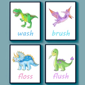 4 Dinosaur Bathroom Decor Wash Brush Floss Flush Poster T-Rex Print Triceratops Print Nursery Printable Art