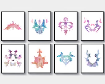 8 Inkblot Rorschach, Test Rorschach, Watercolor Illustration, Scientific Art, Psychiatric Test, Psychologist Office Decor, Psychologist Gift