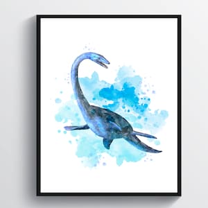 May include: Watercolor painting of a blue plesiosaur swimming in a blue and white watercolor background.