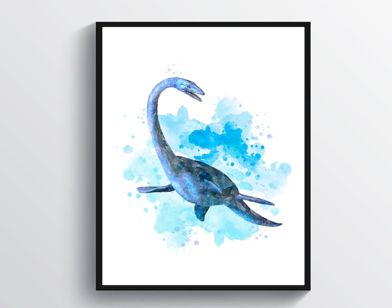 May include: Watercolor painting of a blue plesiosaur swimming in a blue and white watercolor background.