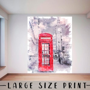 London Art Phone Booth Watercolor Art Large Size London Decor Big Ben Poster Travel Wall Decor Housewarming Gift Office Decor