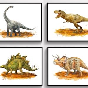 4 Dinosaur Watercolor Art Tyrannosaurus T-Rex Art Brontosaurus Stegosaurus Triceratops Art Dinosaur Decor Kids Room Art Dinosaur Party Gift