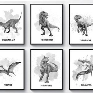 Set 6 Watercolor Dinosaurs Art Jurassic Dinosaur Names Poster Dinosaurs Types Print Kids Room Decor Nursery Art Dinosaurs Lover Gift