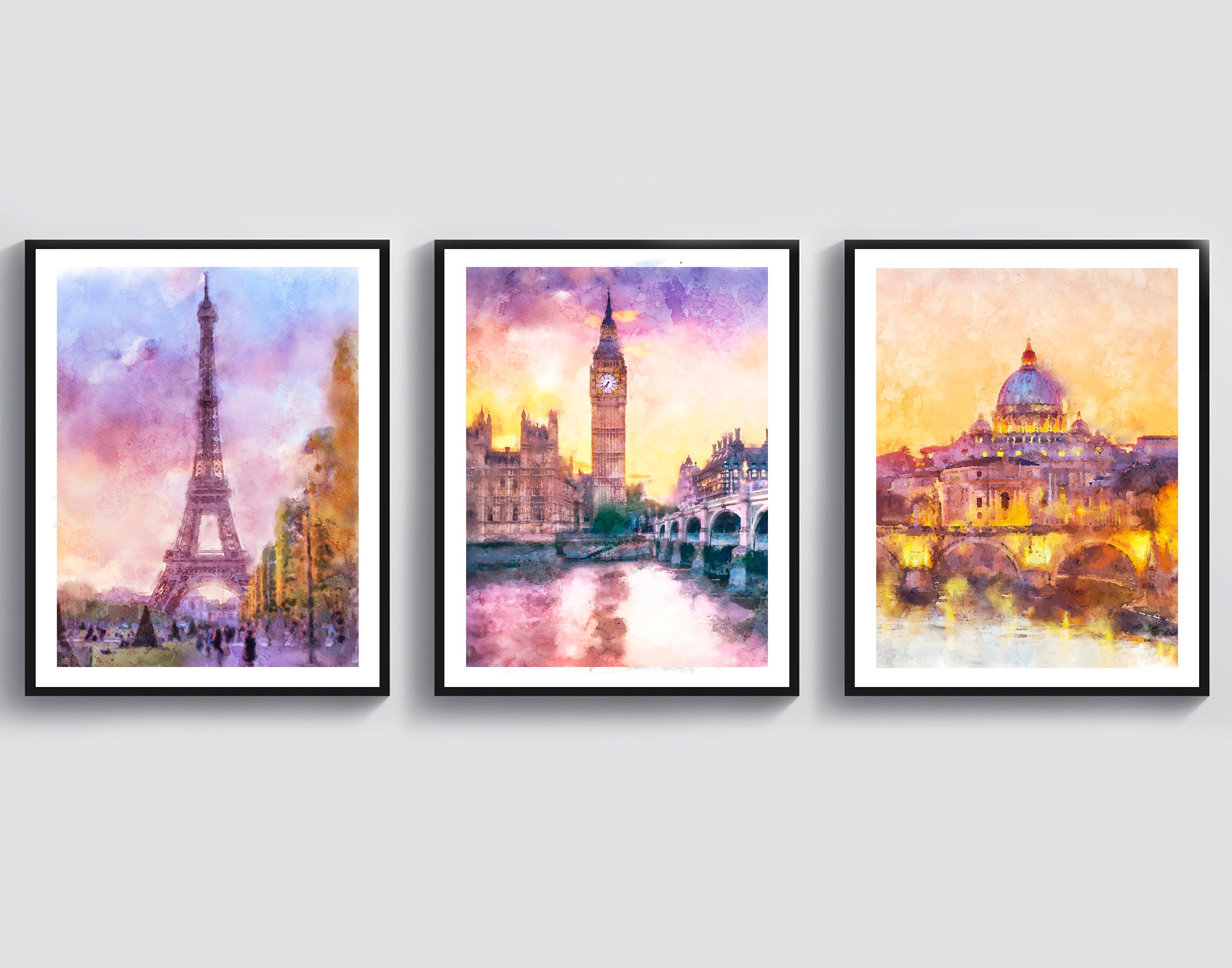 European Capitals Watercolor Art London Paris Rome Cityscape Art Travel Wall Art Office Decor Traveler Gift Idea Geography Art