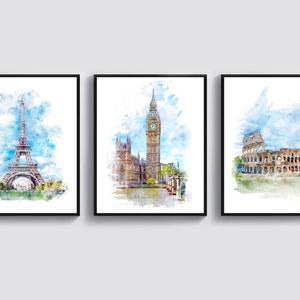 3 affiches d'art monuments du monde aquarelle monuments art architecture art tour Eiffel paris tour de l'horloge Big Ben Londres colisée art rome