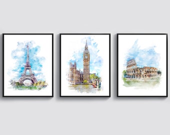 3 World Landmarks Art Posters Watercolor Monuments Art Architecture Art Eiffel Tower Paris Big Ben Clock Tower London Coliseum Rome Art
